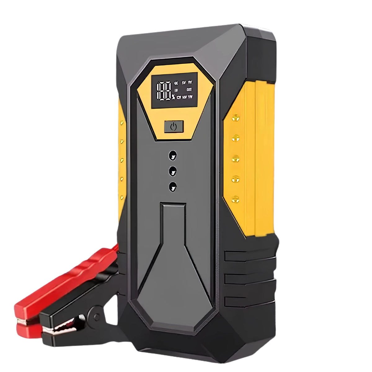 Compact Pocket Jump Starter in yellow and black with LCD display and battery clamps on a white background