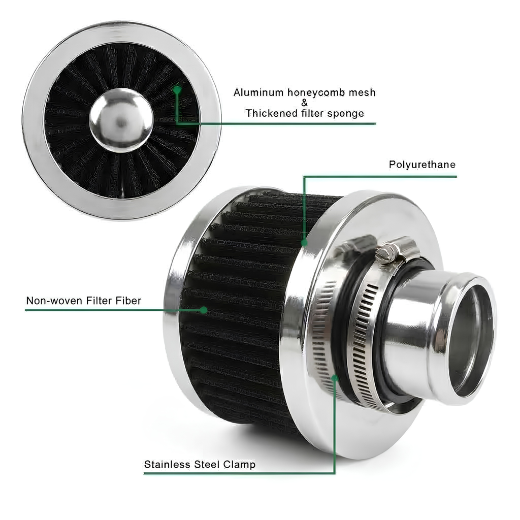 Cutaway diagram of a cone air breather filter labelling the aluminium honeycomb mesh, thickened filter sponge, polyurethane end cap, non-woven filter fibre and stainless steel clamp