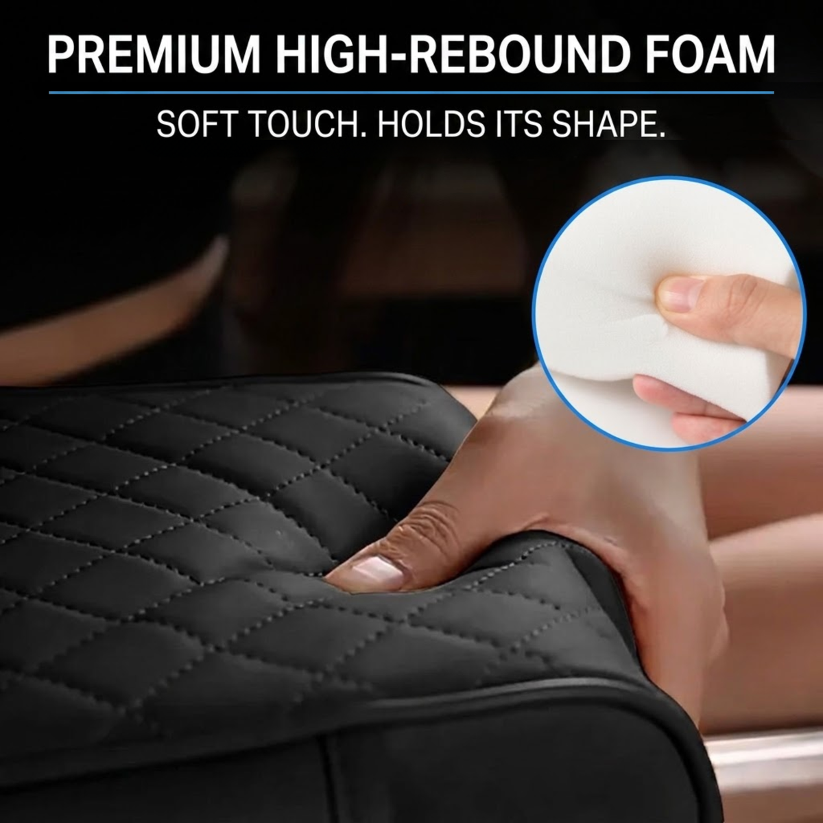 Black quilted faux leather or leather-like bag shown with a hand pressing into it to demonstrate cushioning, with text reading 'PREMIUM HIGH-REBOUND FOAM' and a circular inset showing a white foam material being squeezed.