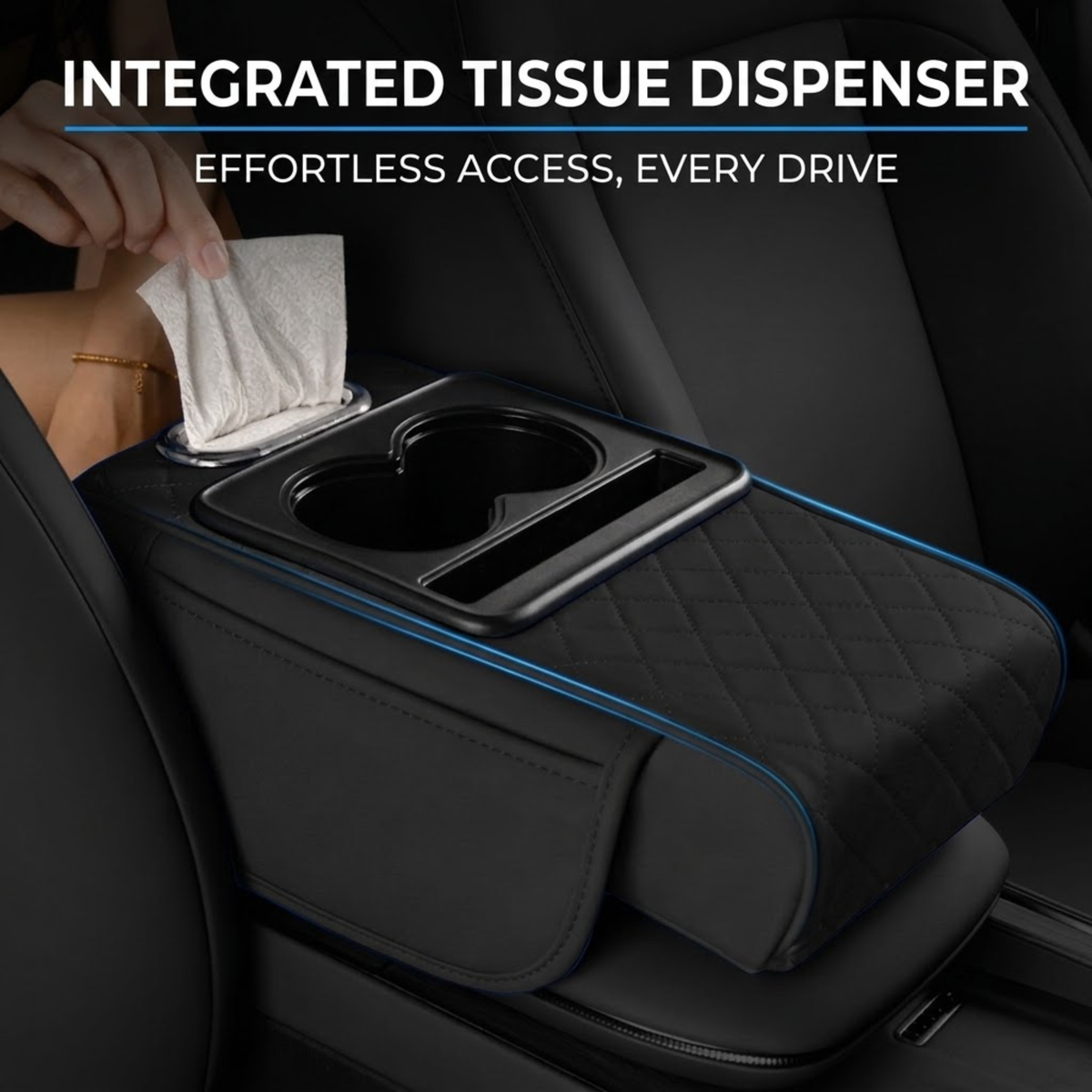 Black car center console armrest cover with quilted stitching, blue trim, a cup holder, and an integrated tissue dispenser opening, shown with a hand pulling a tissue from the dispenser. Text at the top reads 'INTEGRATED TISSUE DISPENSER' and 'EFFORTLESS ACCESS, EVERY DRIVE.