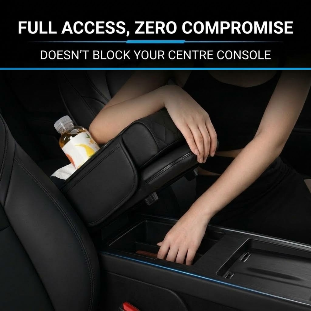 A close-up of a car center console with a black armrest organizer being opened, showing a person's hands and arms reaching inside. White text at the top reads 'FULL ACCESS, ZERO COMPROMISE' and 'DOESN'T BLOCK YOUR CENTRE CONSOLE'.