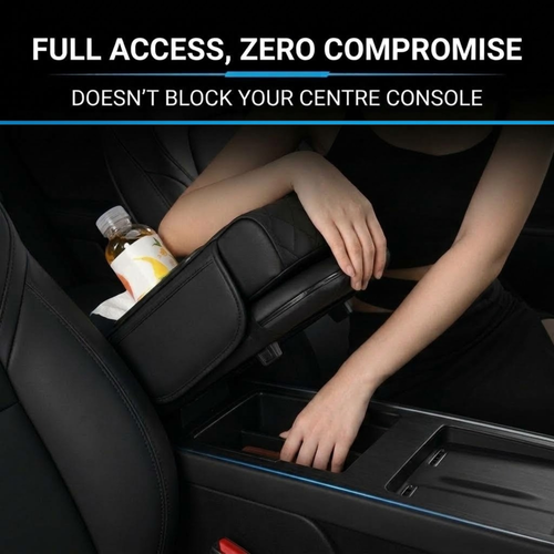 A close-up of a car center console with a black armrest organizer being opened, showing a person's hands and arms reaching inside. White text at the top reads 'FULL ACCESS, ZERO COMPROMISE' and 'DOESN'T BLOCK YOUR CENTRE CONSOLE'.