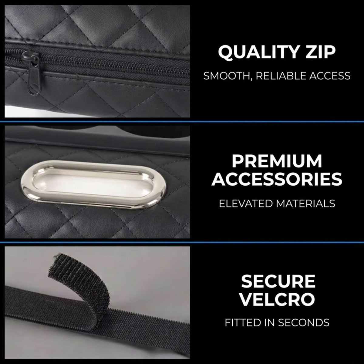 Three-panel close-up feature graphic of a black quilted bag: a smooth zipper labeled 'QUALITY ZIP', a shiny silver oval accessory labeled 'PREMIUM ACCESSORIES', and a black Velcro strap labeled 'SECURE VELCRO'.