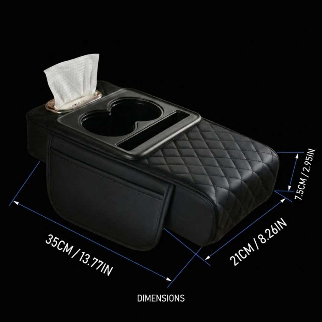 Black car center console tissue box cover with integrated cup holders and tissue dispenser, shown on a black background with dimension annotations.