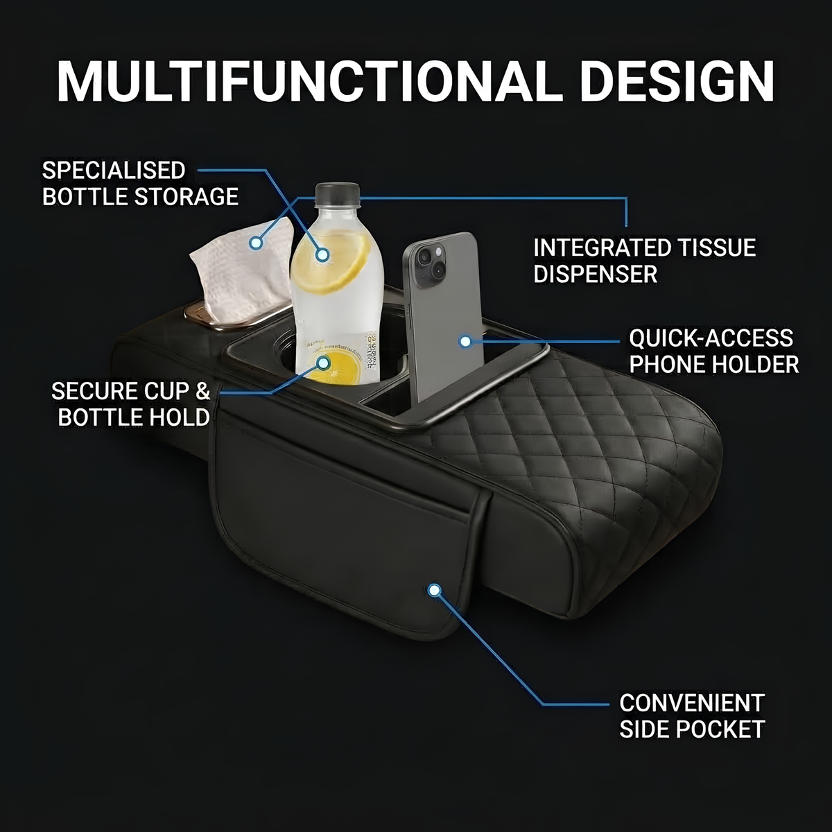 Black quilted center console armrest with labeled callouts showing multifunctional storage features: bottle storage, integrated tissue dispenser, quick-access phone holder, secure cup and bottle hold, and a convenient side pocket, on a dark background.