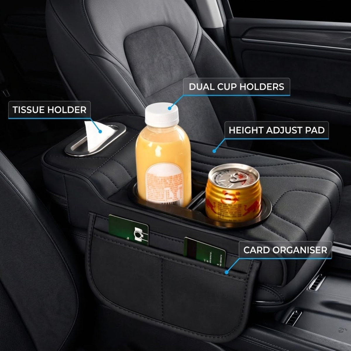 Car center console organizer insert in black leather, shown installed between front seats with labeled features including tissue holder, dual cup holders, height adjust pad, card organiser, and a bottle and can placed in the compartments.
