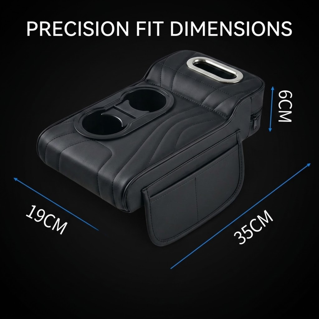 Black car center console armrest with two cup holders, shown on a dark background with overlaid dimension labels reading 19CM, 35CM, 6CM, and the heading 'PRECISION FIT DIMENSIONS'.