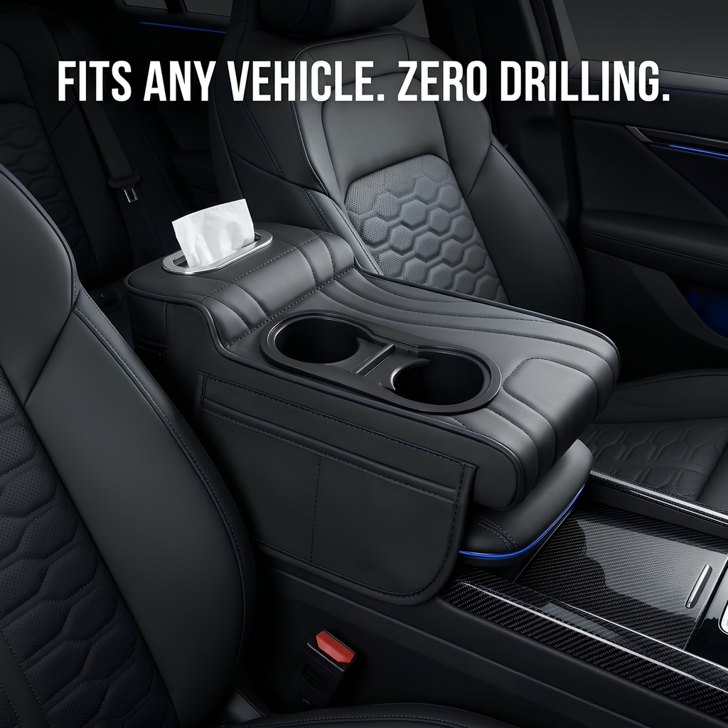 A black car center console organizer cover shown installed over the front passenger seat and center armrest area inside a vehicle. The cover includes a tissue holder, two cup holders, and storage compartments.