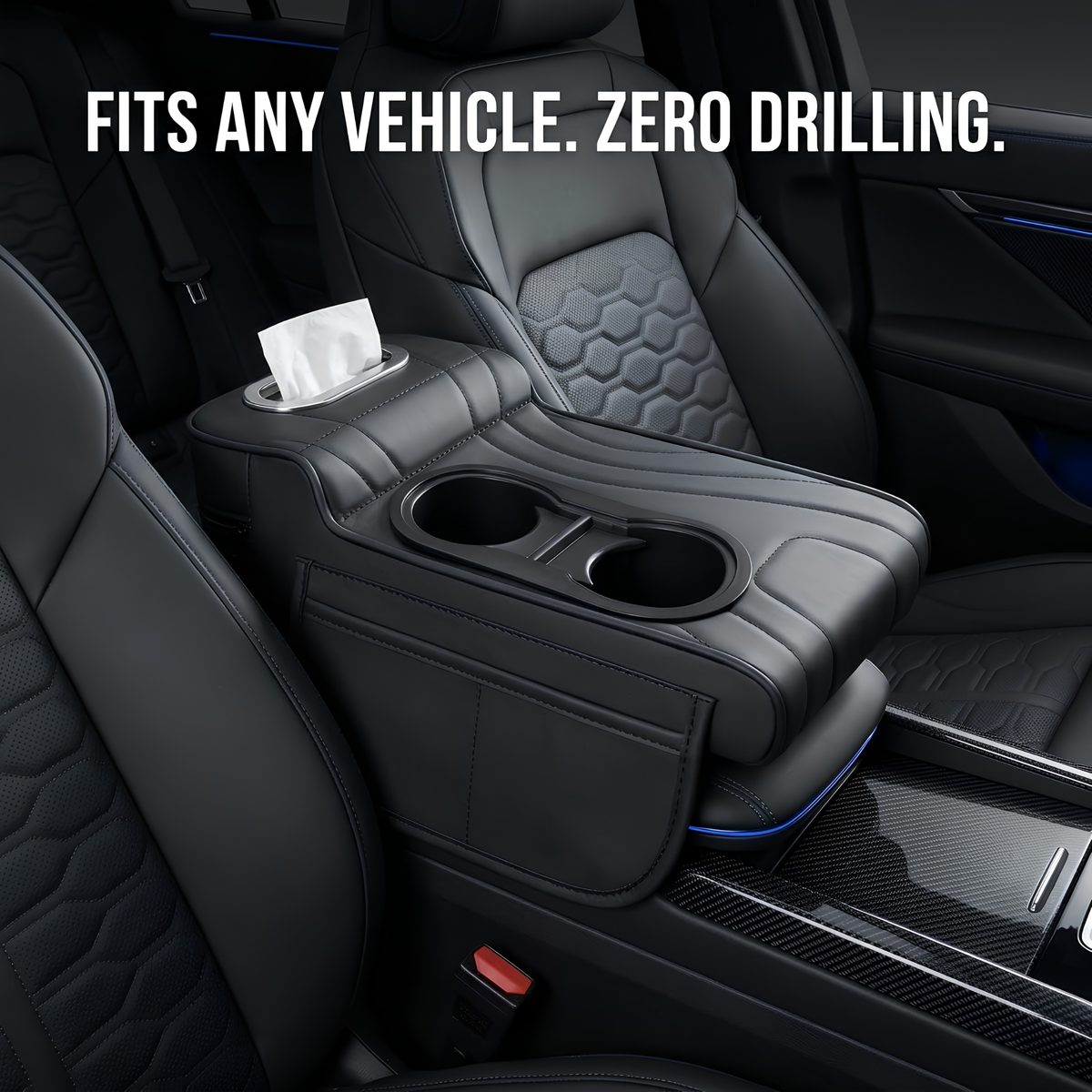 A black car center console organizer cover shown installed over the front passenger seat and center armrest area inside a vehicle. The cover includes a tissue holder, two cup holders, and storage compartments.