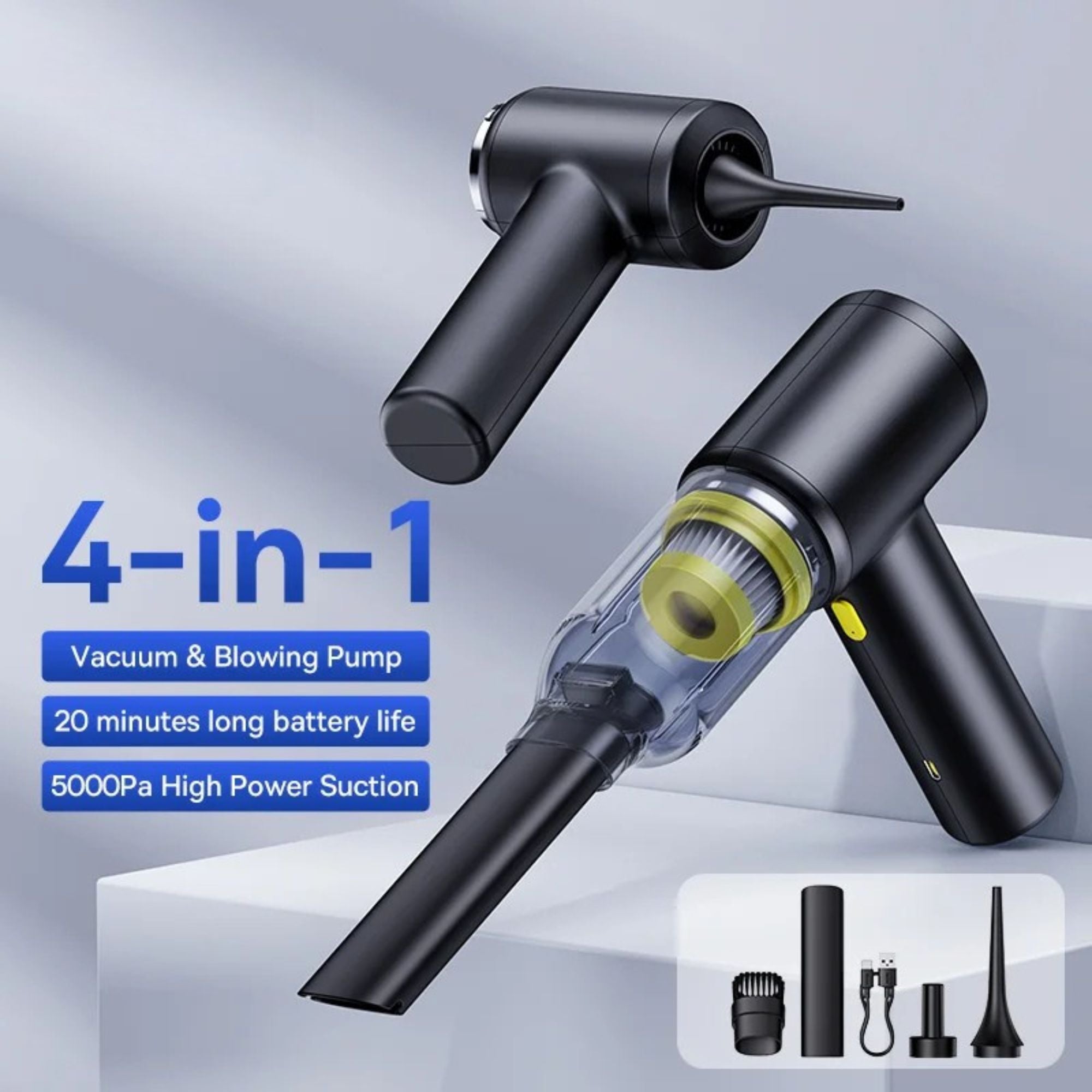 Cordless 4-in-1 Vacuum marketing image highlighting vacuum and blowing pump functions, 20 minute battery life and 5000Pa suction power