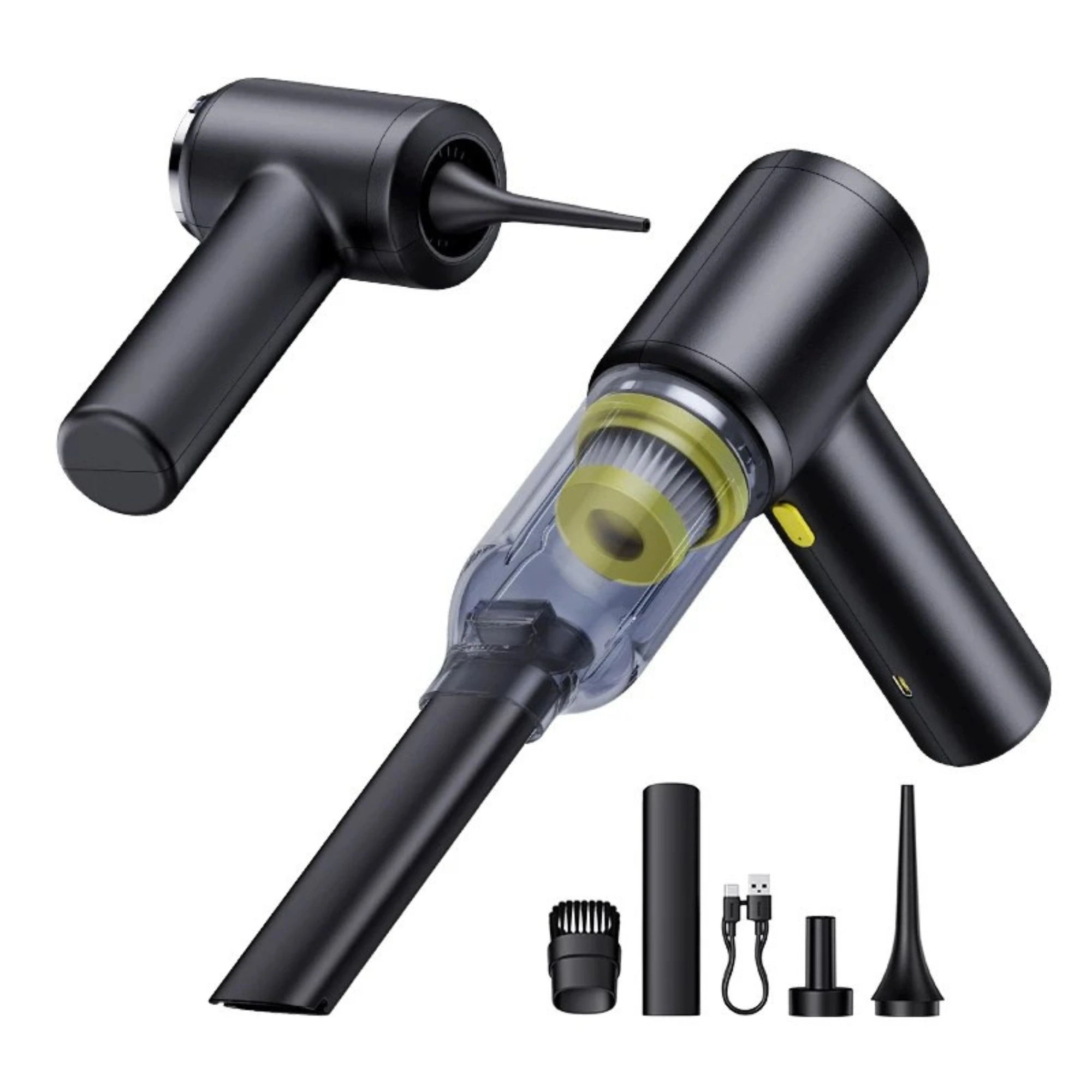 Cordless 4-in-1 Vacuum shown disassembled with battery handle, dust cup, HEPA filter and full accessory kit on a white background