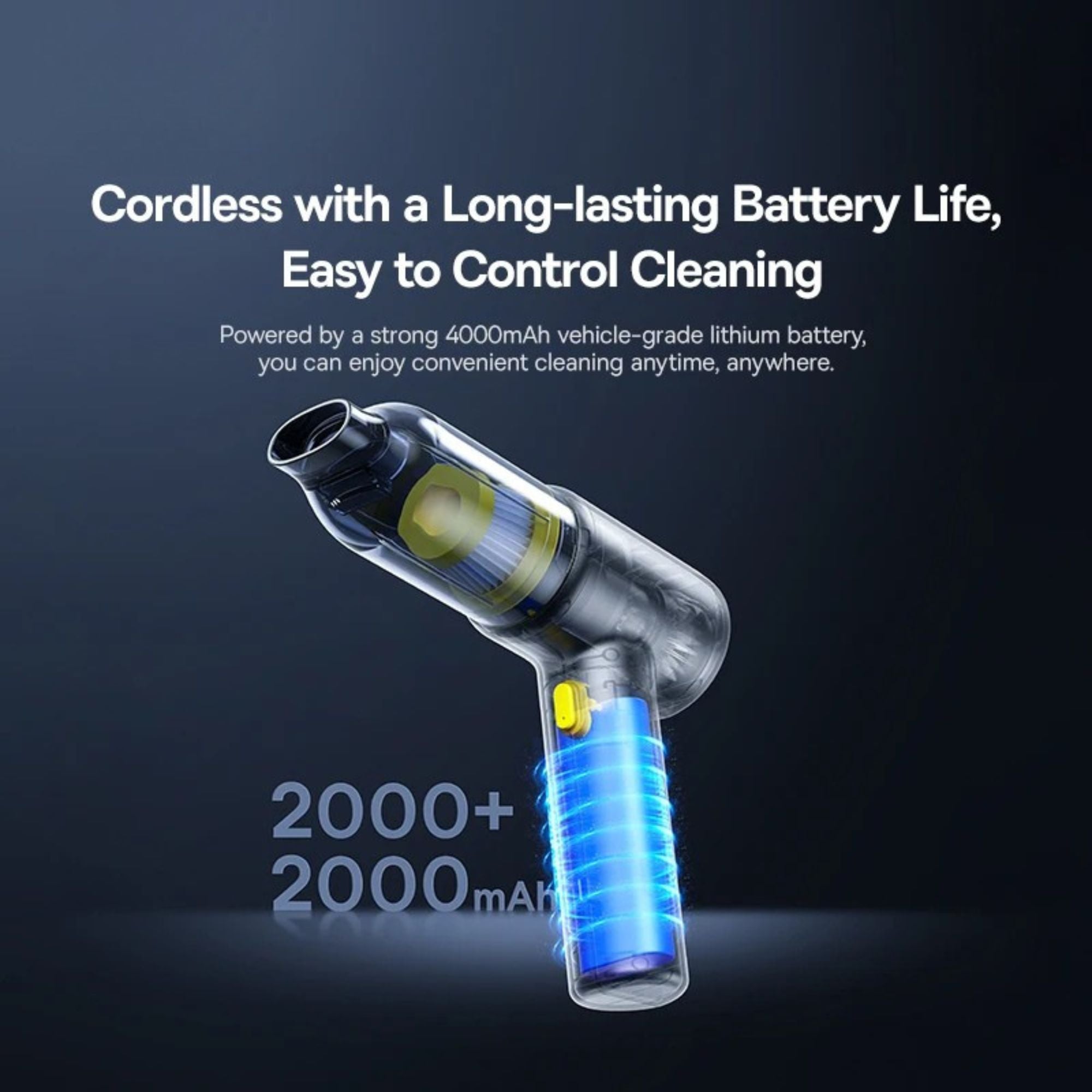 Cordless 4-in-1 Vacuum long-lasting battery graphic showing the internal 4000mAh vehicle-grade lithium battery