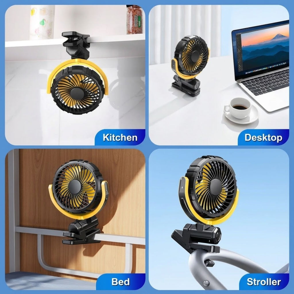 Cordless Clamp Cooling Fan yellow and black variant lifestyle collage clamped to a kitchen shelf, desktop beside a laptop, bed frame and pram stroller handle