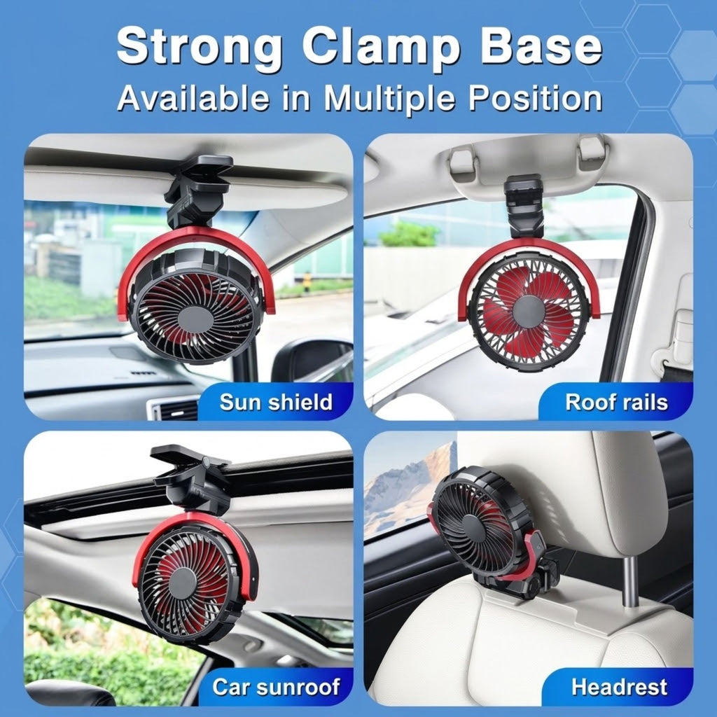 Cordless Clamp Cooling Fan strong clamp base collage showing the red and black fan mounted on a car sun shield, roof rails, sunroof rail and headrest