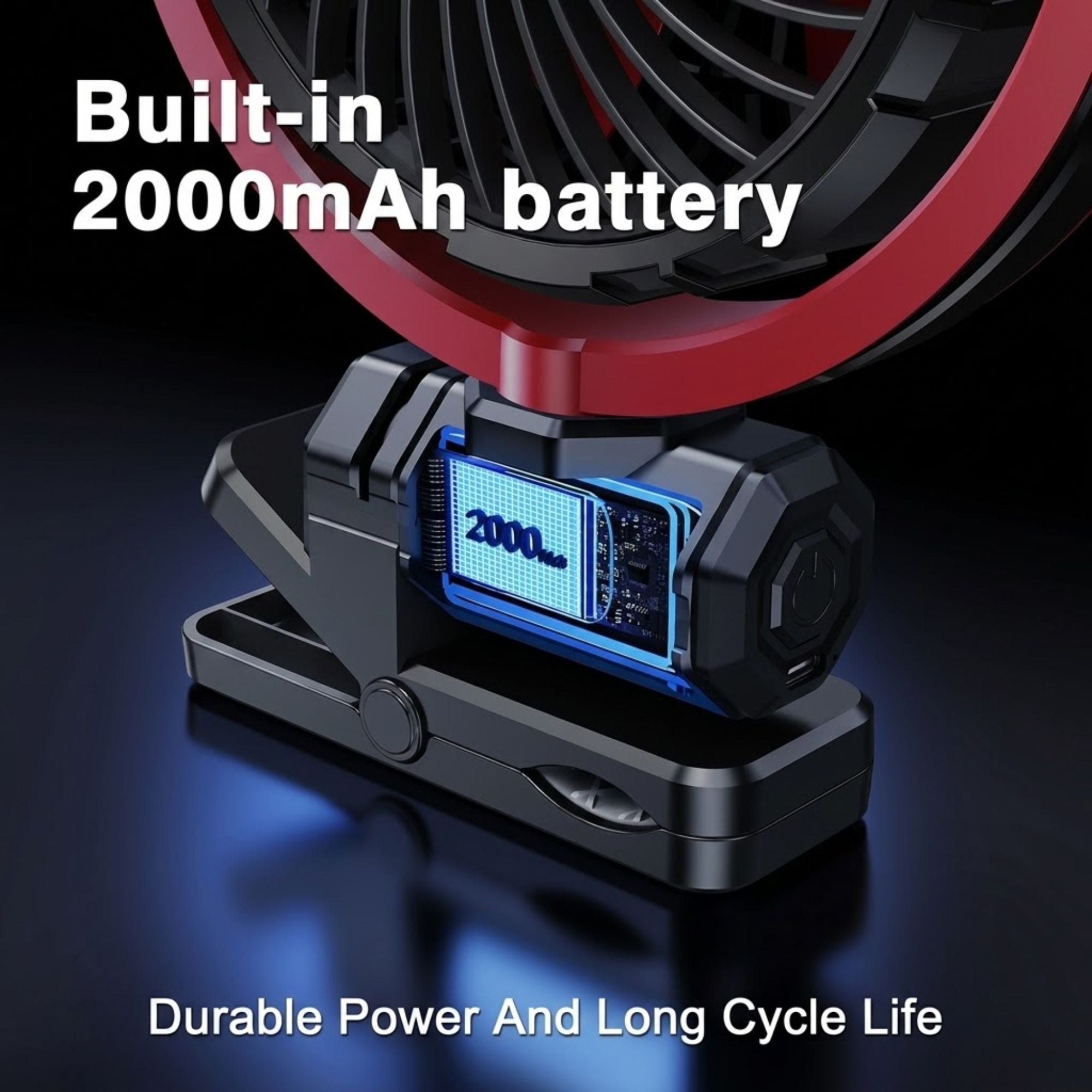 Cordless Clamp Cooling Fan close-up of the built-in 2000mAh battery pack for durable power and long cycle life