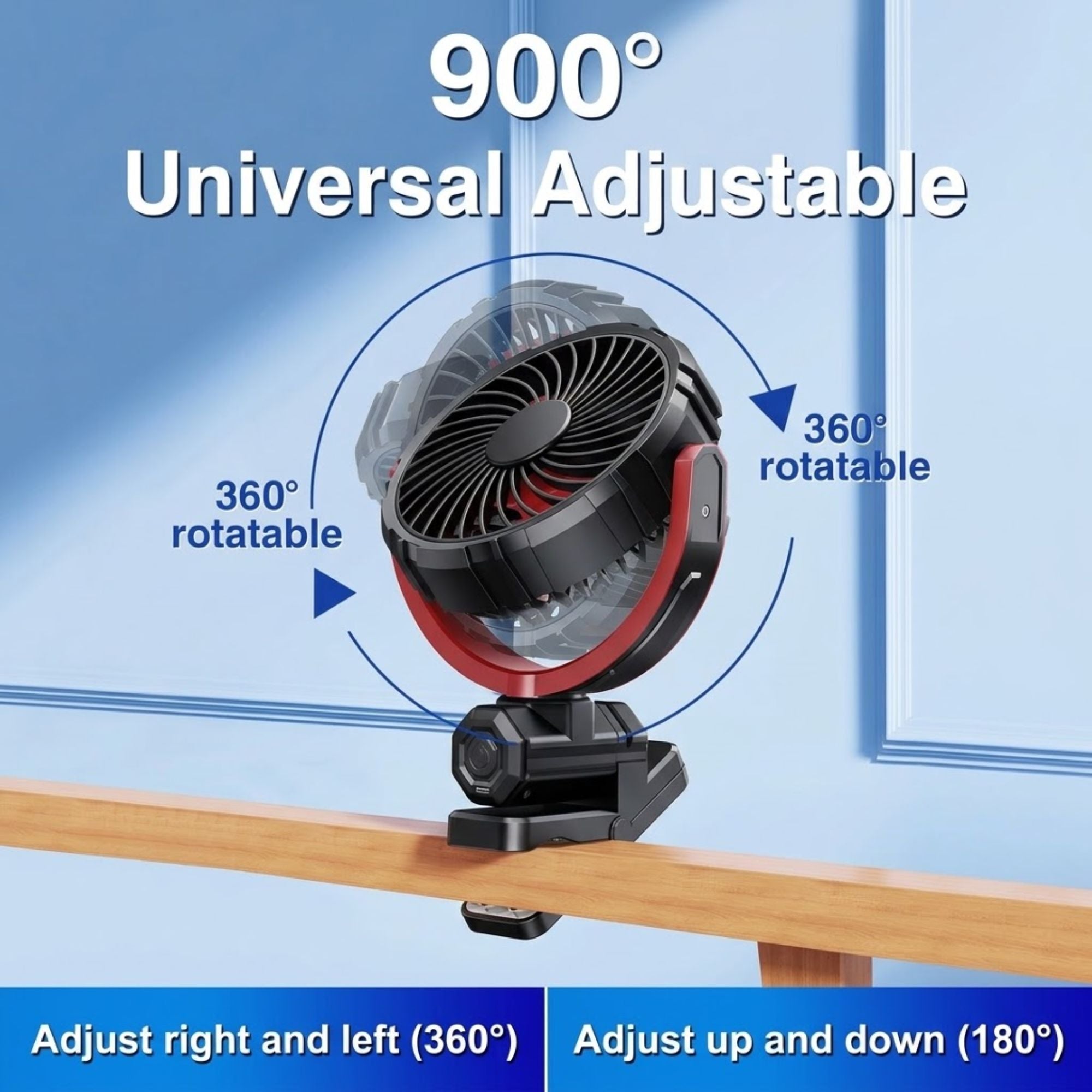Cordless Clamp Cooling Fan 900-degree universal adjustable head diagram showing 360-degree left-right rotation and 180-degree up-down tilt clamped to a shelf edge