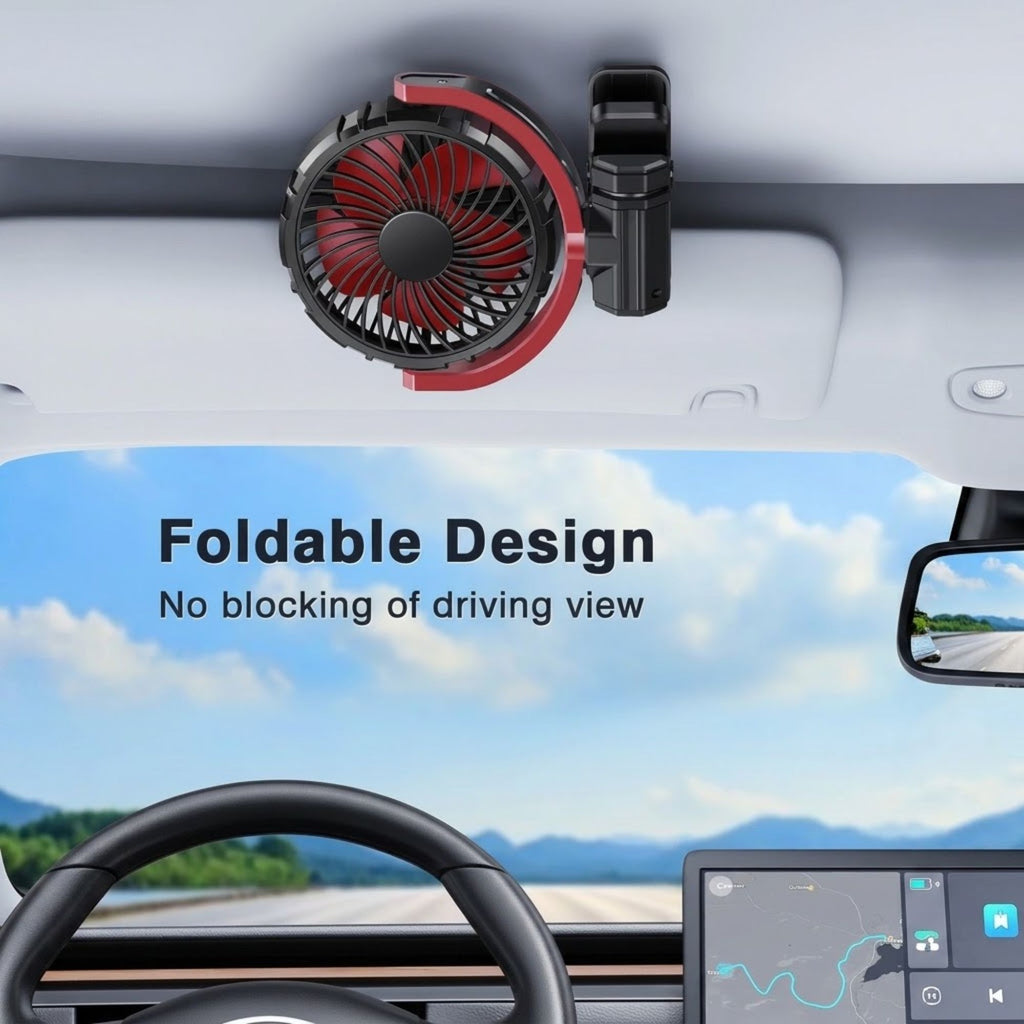 Cordless Clamp Cooling Fan foldable design mounted above a car sun visor so it does not block the driving view