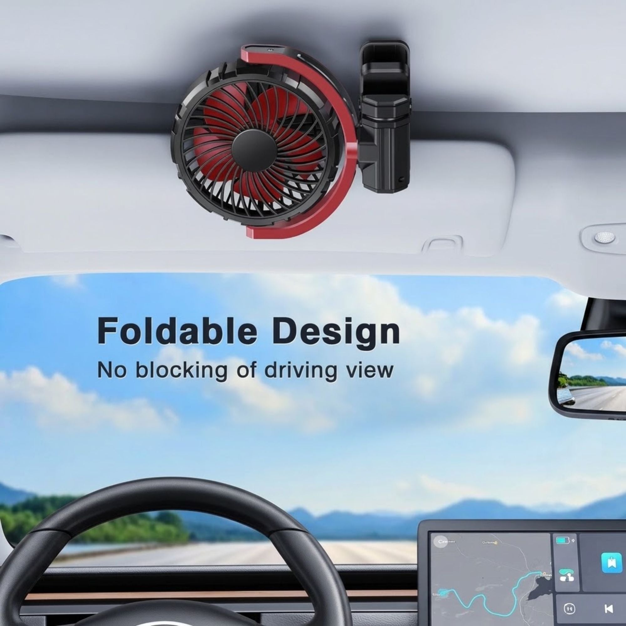 Cordless Clamp Cooling Fan foldable design mounted above a car sun visor so it does not block the driving view