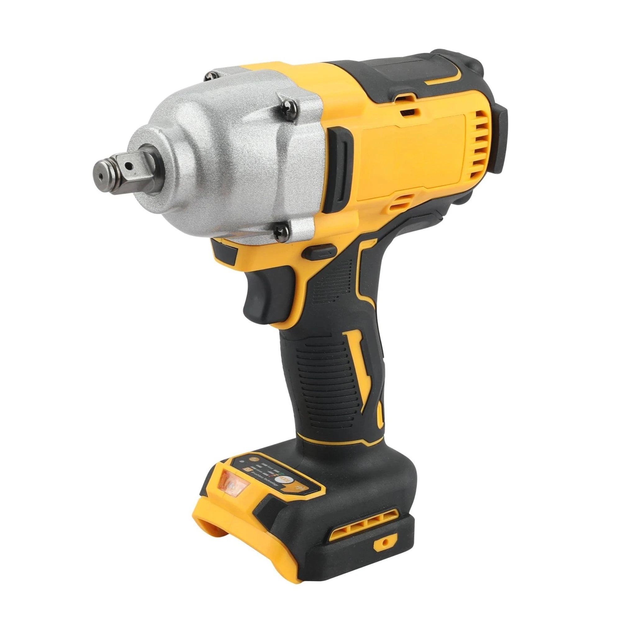 Cordless Impact Wrench in yellow and black on a clean white background, showing the 1/2 inch square drive anvil.