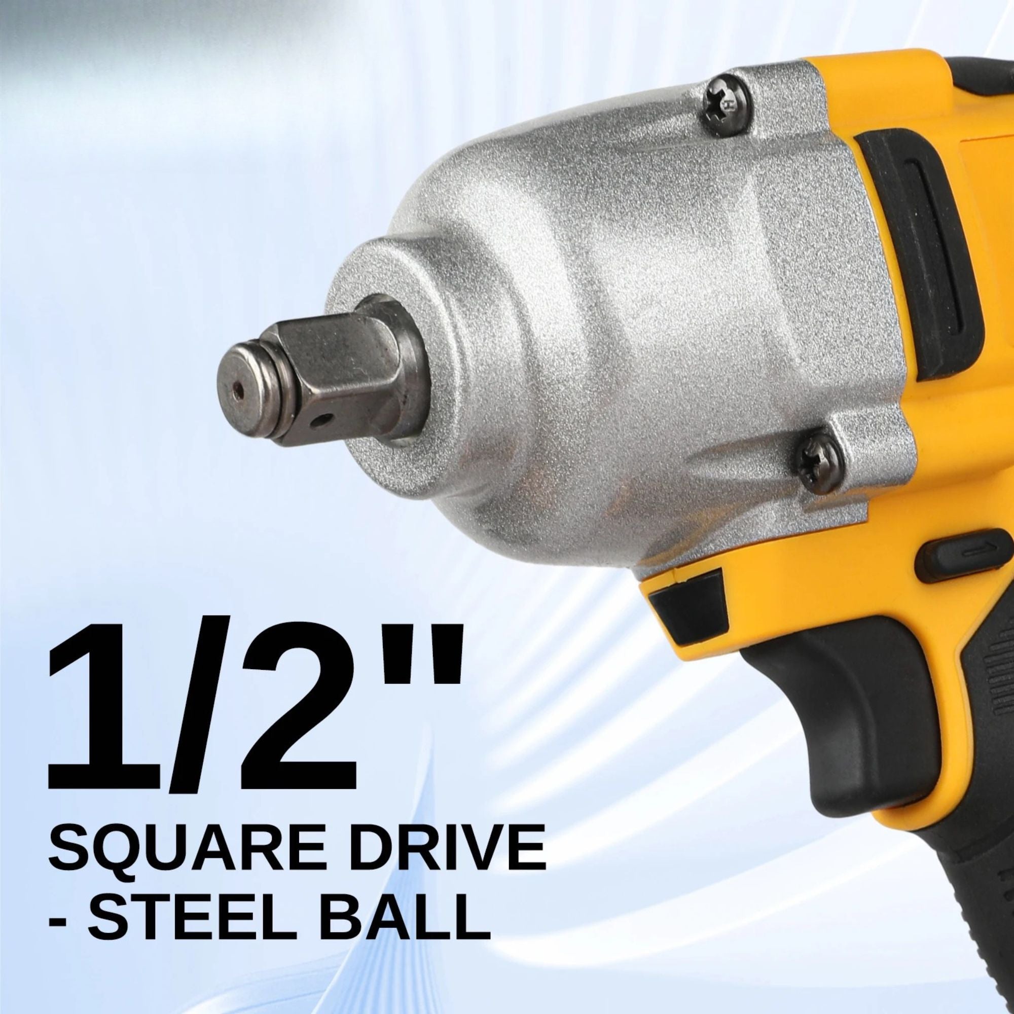 Close-up of the Cordless Impact Wrench's 1/2 inch square drive anvil with hardened steel ball detent.