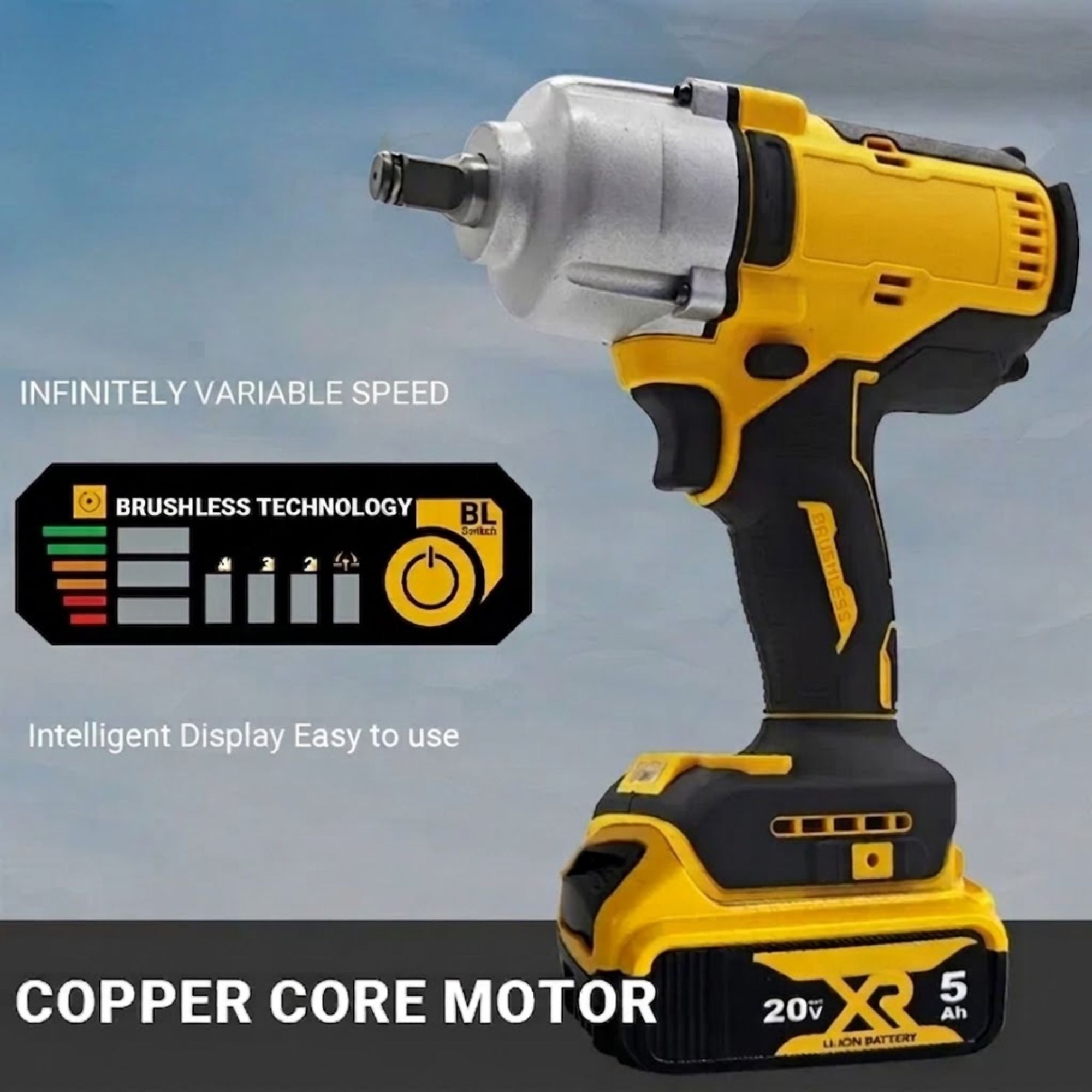 Cordless Impact Wrench highlighting infinitely variable trigger speed, brushless motor technology and copper core motor for durable power.