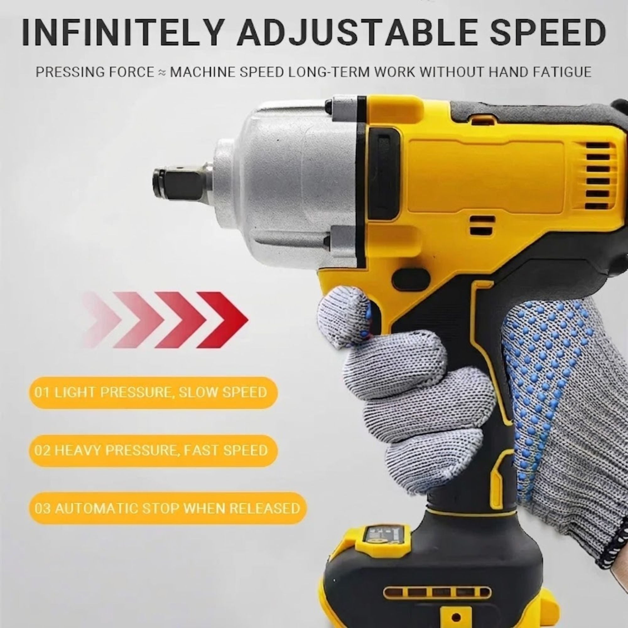 Gloved hand operating the Cordless Impact Wrench trigger, demonstrating infinitely adjustable speed from light to heavy pressure.