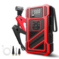 Red and black Cordless Tyre Inflator and Jump Starter with jumper clamps, air hose, USB cable and inflation nozzles on a white background