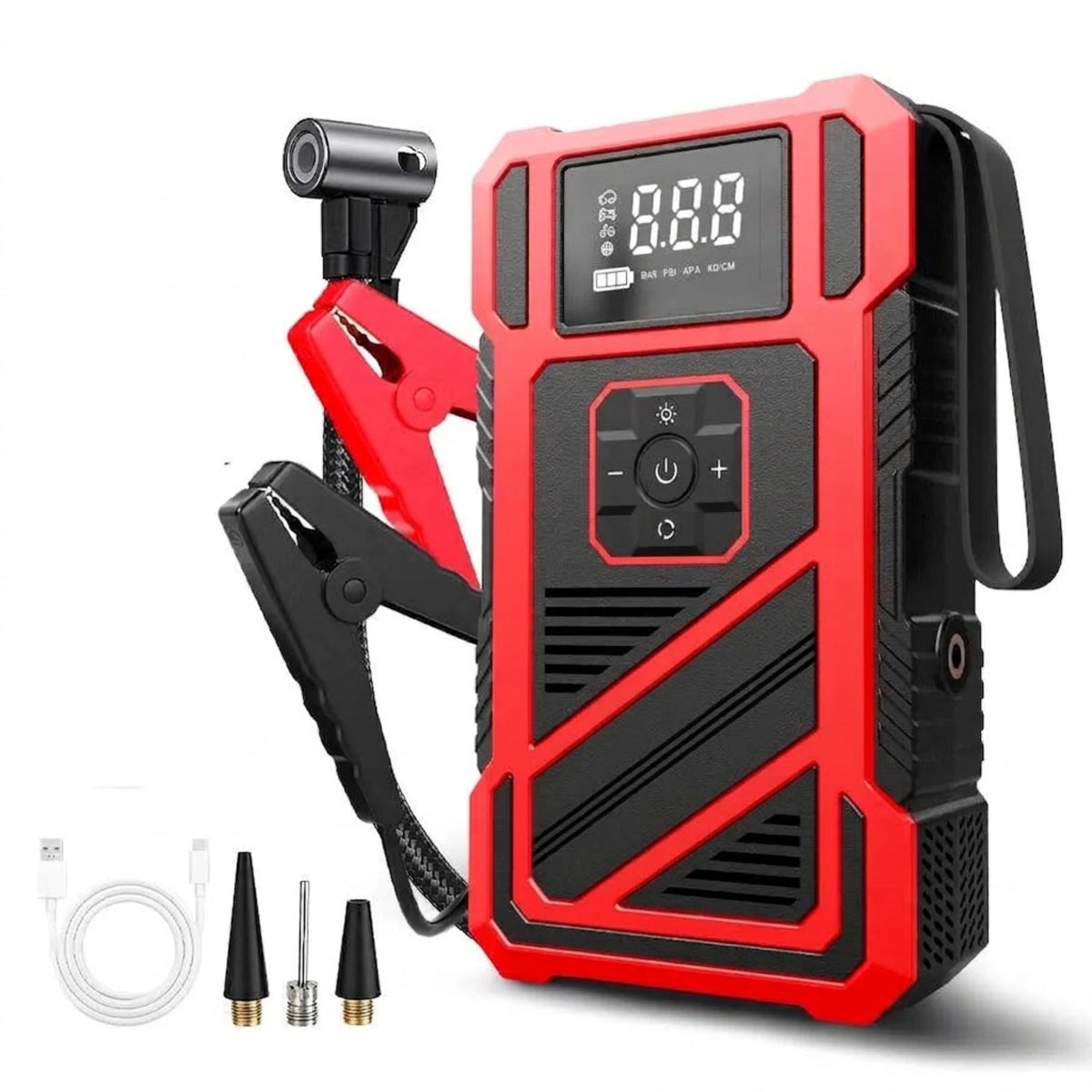 Red and black Cordless Tyre Inflator and Jump Starter with jumper clamps, air hose, USB cable and inflation nozzles on a white background