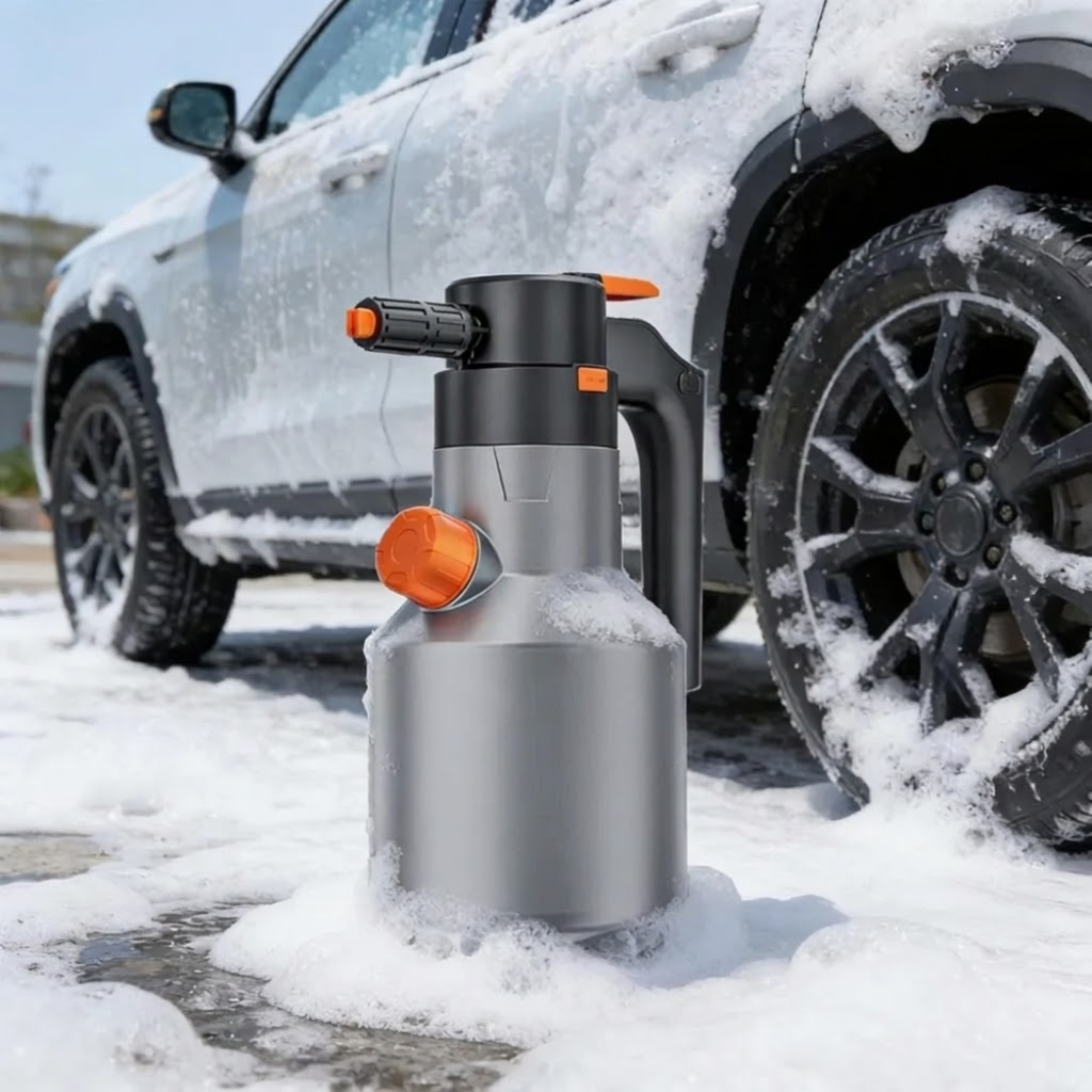 Cordless Snow Foam Sprayer in grey standing in thick snow foam beside a foam-covered SUV wheel