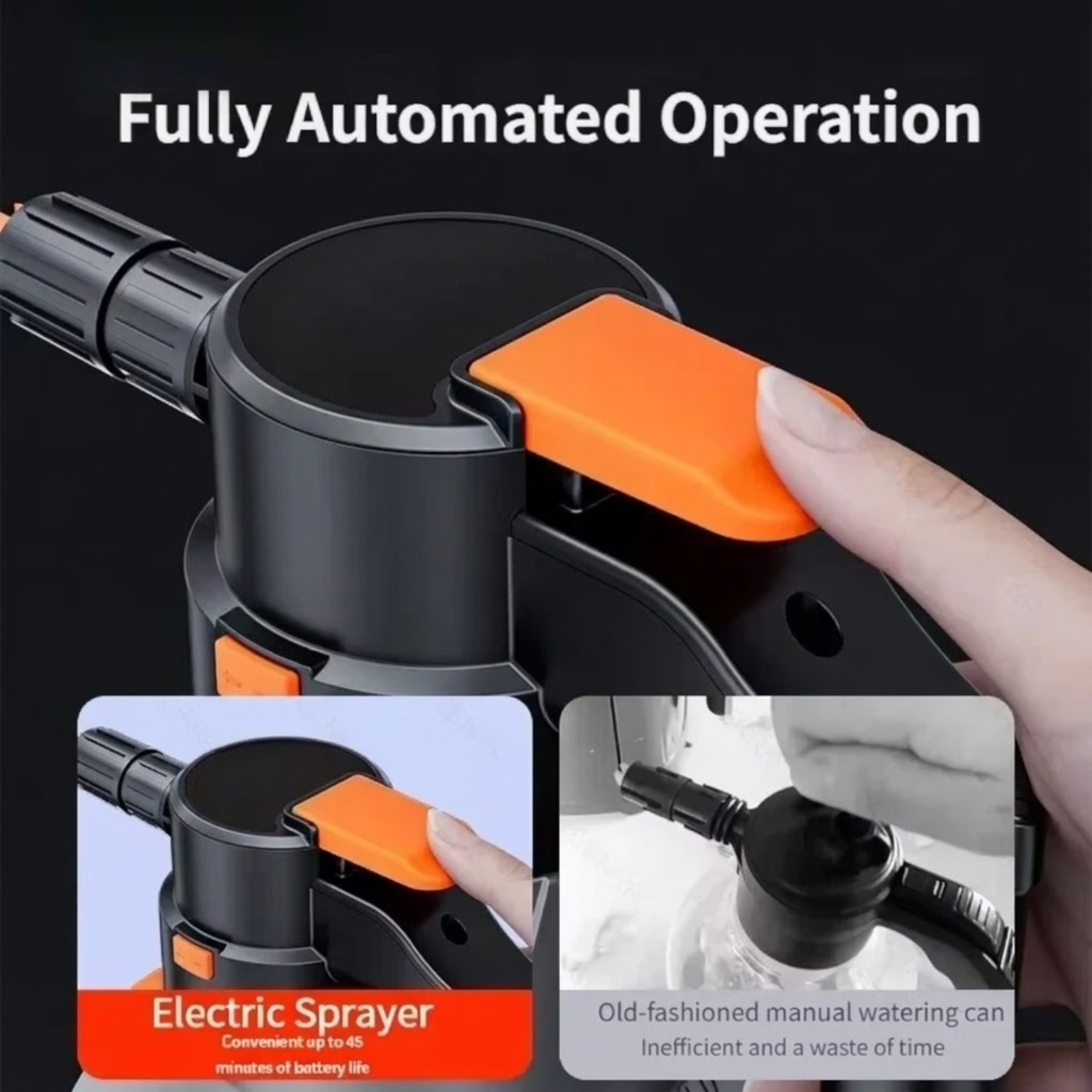 Hand pressing the trigger on the Cordless Snow Foam Sprayer, compared with a manual pump sprayer