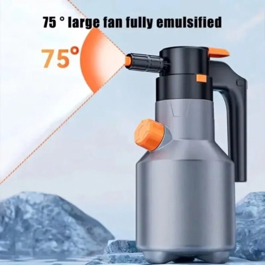 Cordless Snow Foam Sprayer showing its 75-degree wide fan spray nozzle