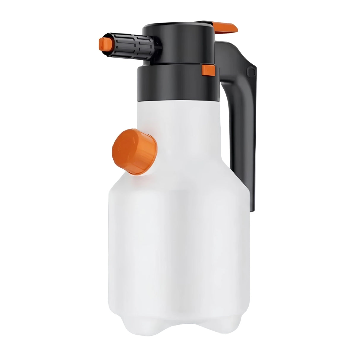 Cordless Snow Foam Sprayer with translucent white bottle and black and orange trigger head on white background