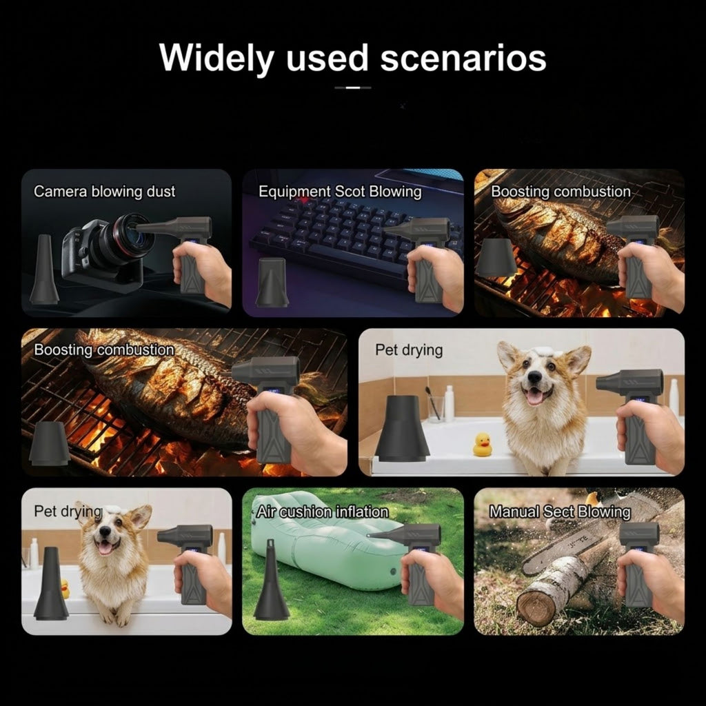 Collage showing the cordless turbo air blower used for camera dust removal, keyboard cleaning, pet drying and campfire boosting