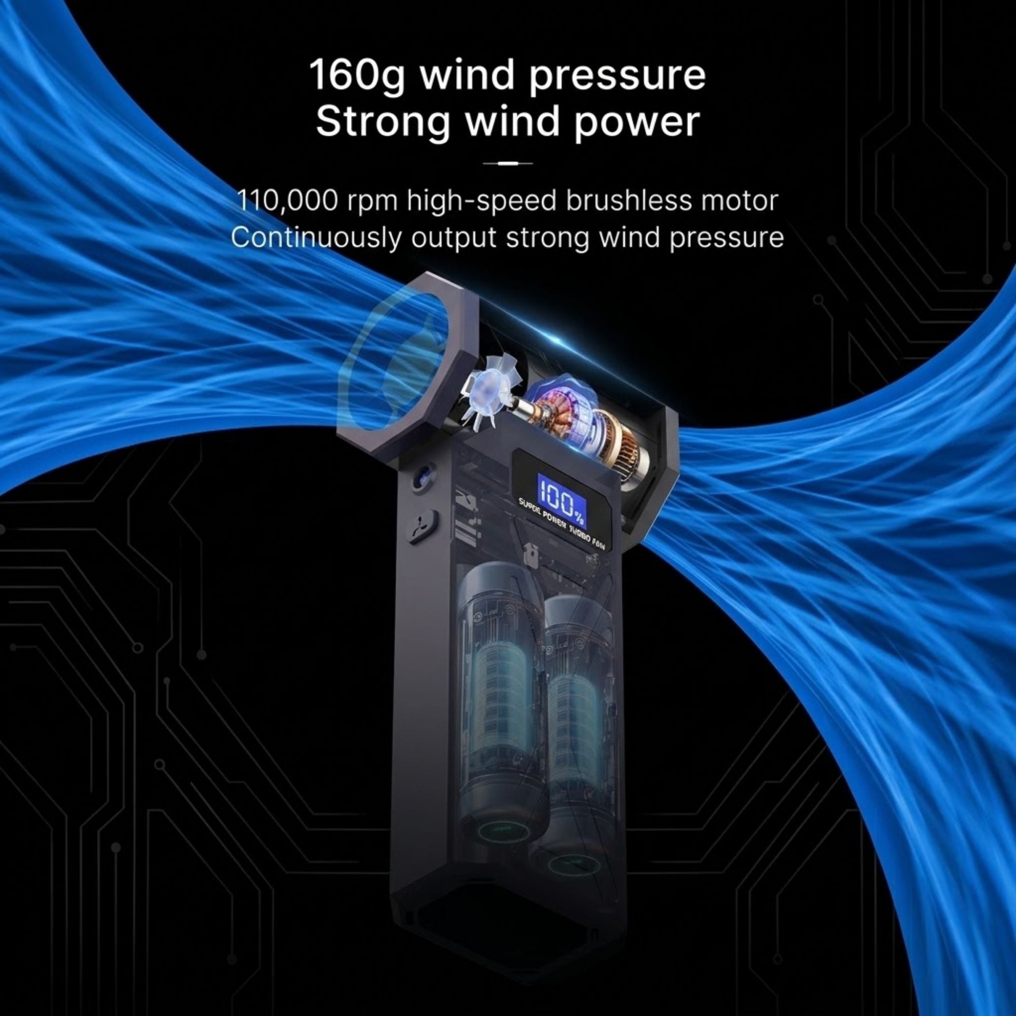 Cutaway illustration of the cordless turbo air blower's brushless motor generating strong wind pressure