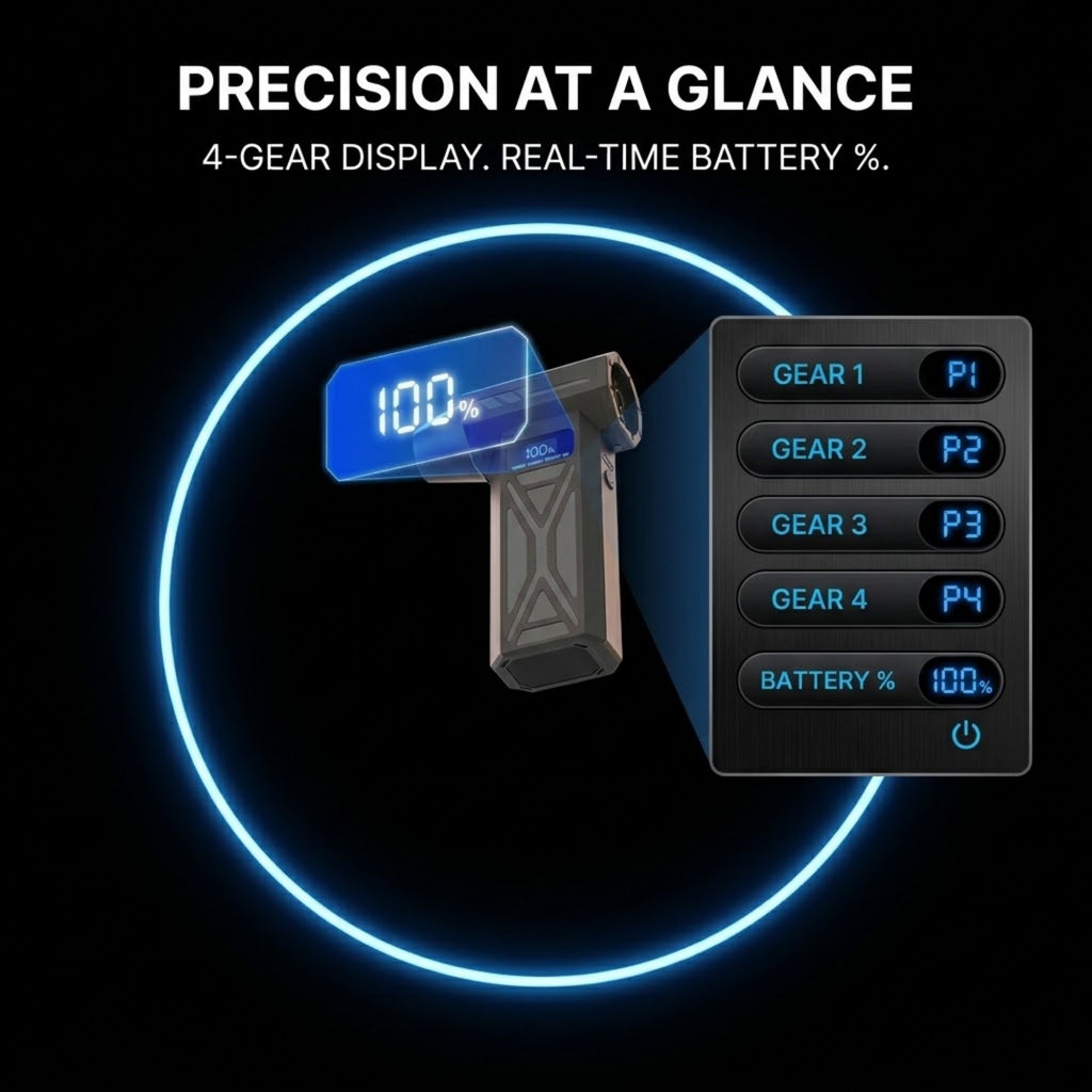 A black handheld electronic device with a glowing blue circular ring and a close-up inset showing a 4-tier display reading 100% battery. Text at the top reads 'PRECISION AT A GLANCE' and '4-GEAR DISPLAY.
