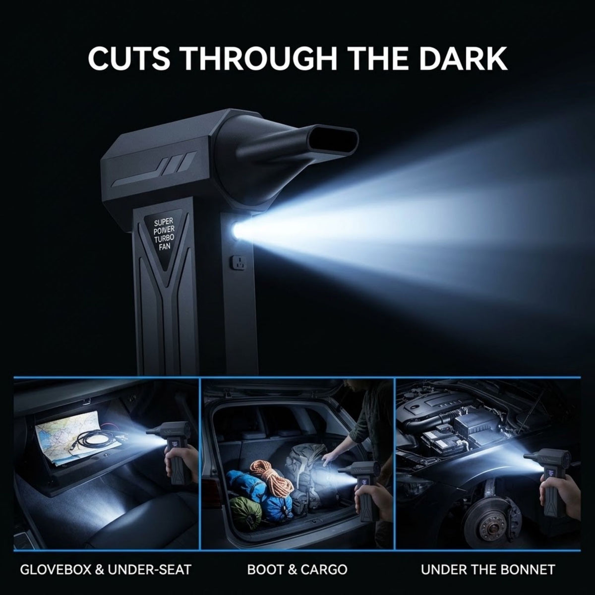 A black portable car flashlight with a bright white beam of light, shown with the text 'CUTS THROUGH THE DARK' and three smaller demonstration photos at the bottom showing use cases: glovebox and under-seat lighting, boot and cargo lighting, and under-the-bonnet engine lighting.