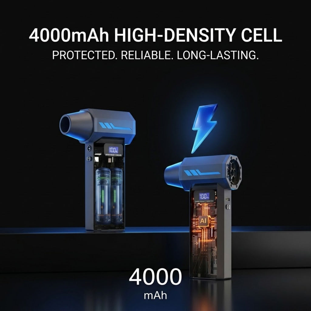 Two portable power stations shown on a dark studio background with promotional text reading '4000mAh HIGH-DENSITY CELL' and 'PROTECTED. RELIABLE.