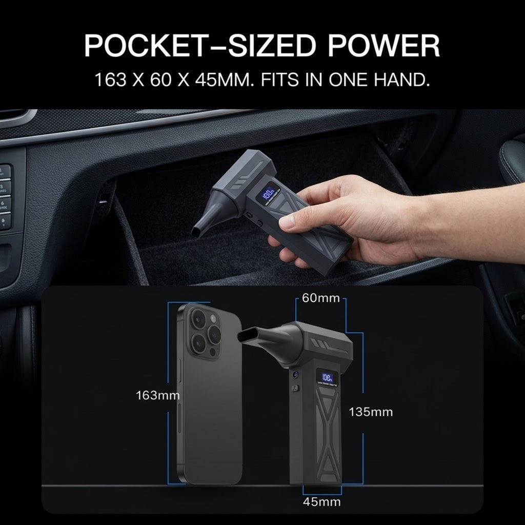 A hand holds a compact black handheld device with a nozzle tip inside a car glove compartment. Large text at the top reads 'POCKET-SIZED POWER' and '163 X 60 X 45MM.