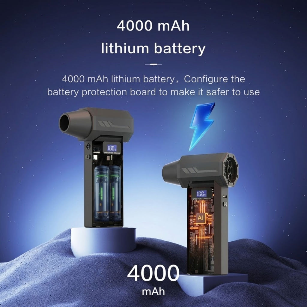 Cordless turbo air blower with its 4000mAh lithium battery and protection board illustrated inside the handle