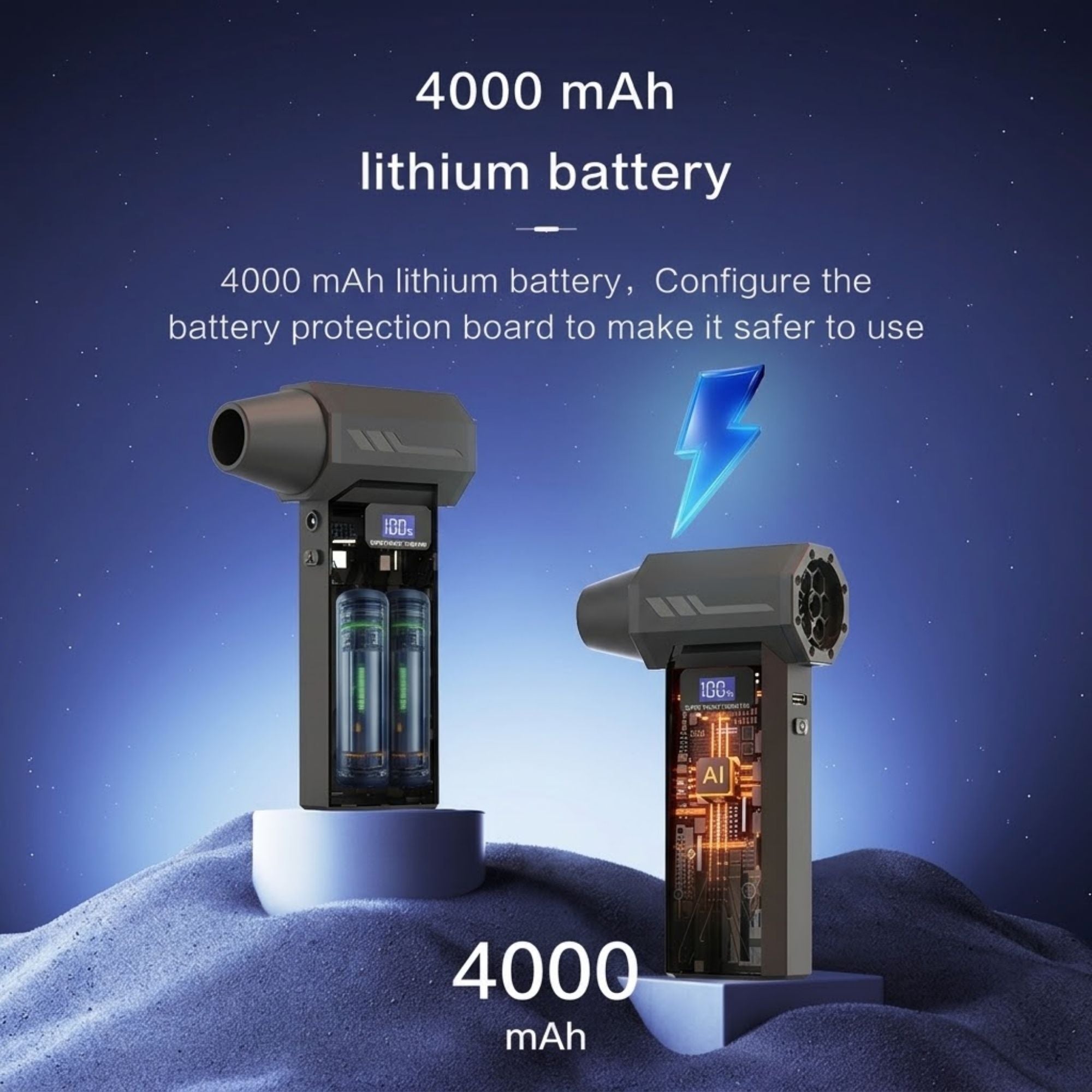 Cordless turbo air blower with its 4000mAh lithium battery and protection board illustrated inside the handle
