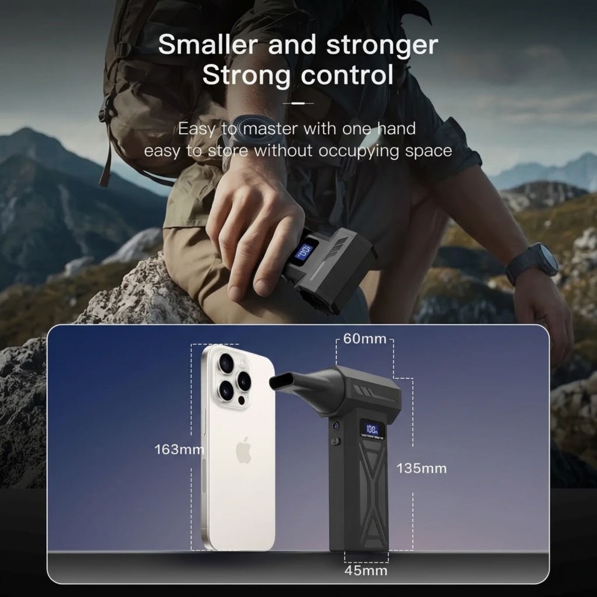 Person holding the cordless turbo air blower outdoors with a size comparison to a smartphone
