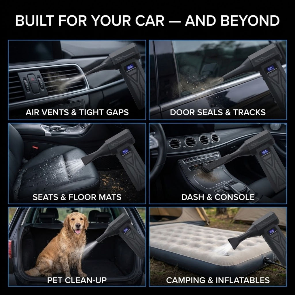 A 6-panel promotional collage showing a handheld car interior cleaning device used in different scenarios: air vents and tight gaps, door seals and tracks, seats and floor mats, dash and console, a golden retriever sitting in a car trunk while cleaning, and camping/inflatables. The top header reads 'BUILT FOR YOUR CAR — AND BEYOND.