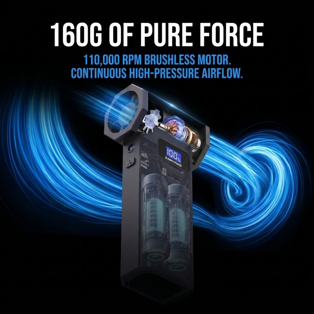 A black turbo blower with two clear glass tanks and a digital display, shown against a black background with blue airflow graphics and text reading '160G OF PURE FORCE' and '110,000 RPM BRUSHLESS MOTOR. CONTINUOUS HIGH-PRESSURE AIRFLOW.