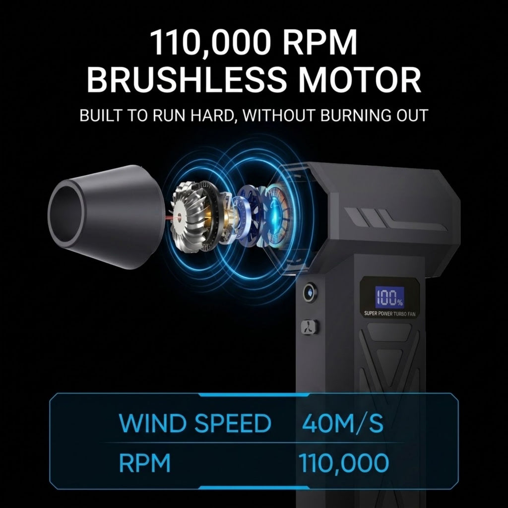 A handheld electric wind blower shown on a black background with marketing text reading '110,000 RPM BRUSHLESS MOTOR' and feature callouts including 'WIND SPEED 40M/S' and 'RPM 110,000'. The product is dark gray/black with a small blue digital display and blue circular graphic effects illustrating the brushless motor.