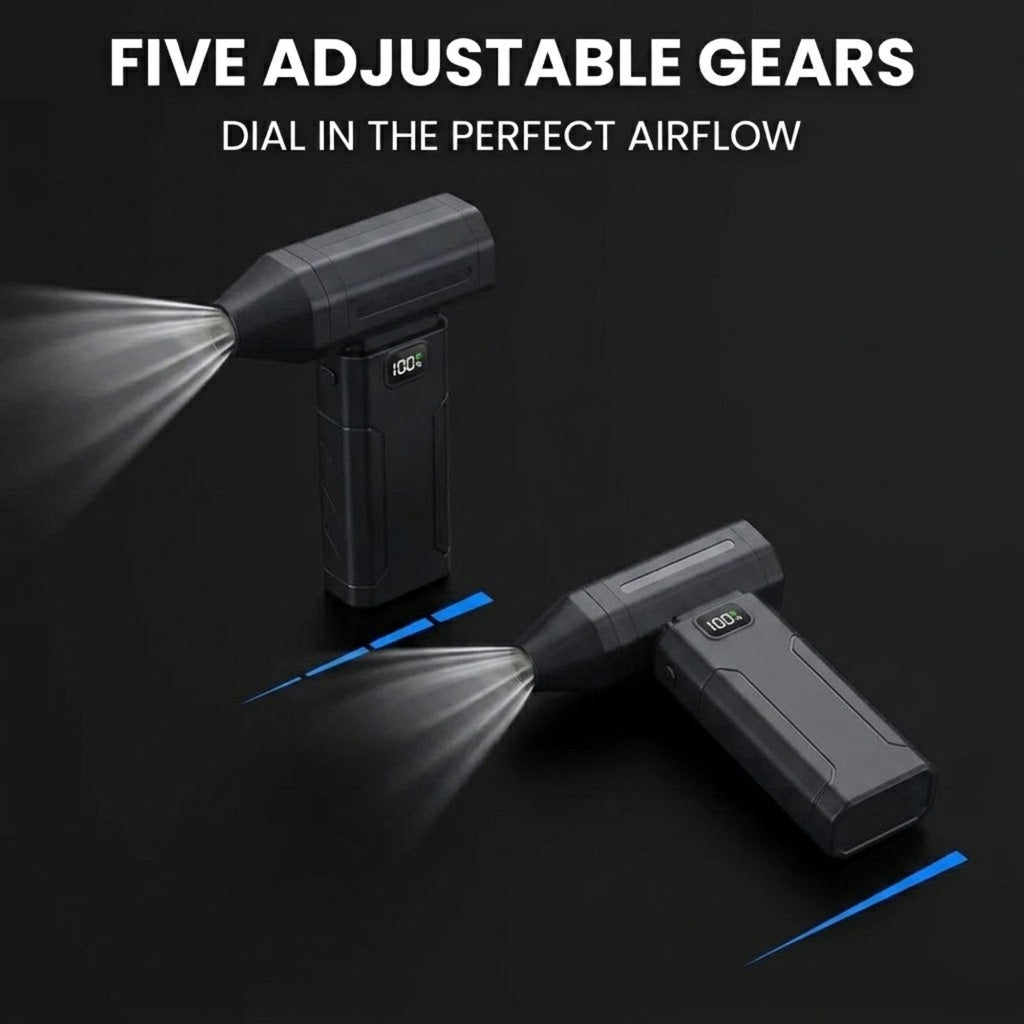 A dark gray handheld air freshener or diffuser shown from two angles on a black background, with text reading 'FIVE ADJUSTABLE GEARS' and 'DIAL IN THE PERFECT AIRFLOW.' Blue airflow graphics are illustrated around the device.