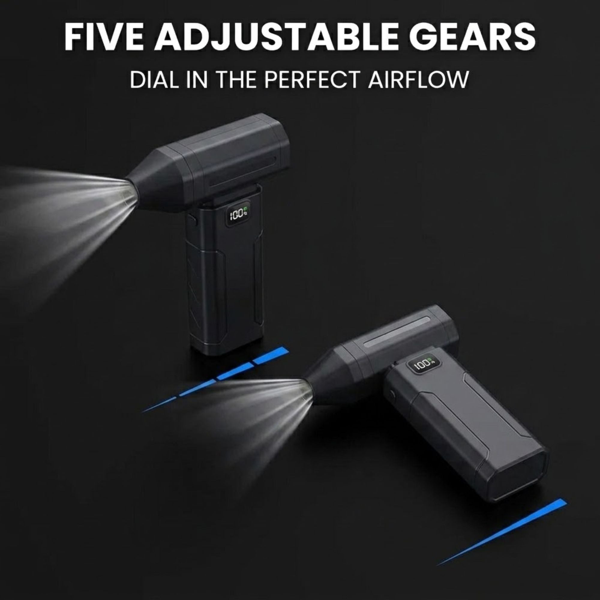 A dark gray handheld air freshener or diffuser shown from two angles on a black background, with text reading 'FIVE ADJUSTABLE GEARS' and 'DIAL IN THE PERFECT AIRFLOW.' Blue airflow graphics are illustrated around the device.