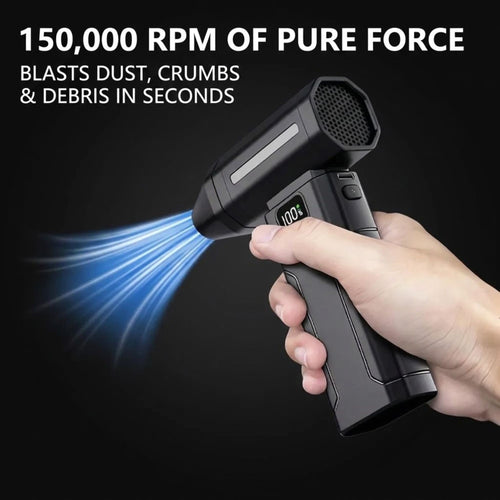 A hand holds a black handheld device with a blue light beam projecting outward against a dark background. Large white text at the top reads '150,000 RPM OF PURE FORCE' and 'BLASTS DUST, CRUMBS & DEBRIS IN SECONDS.