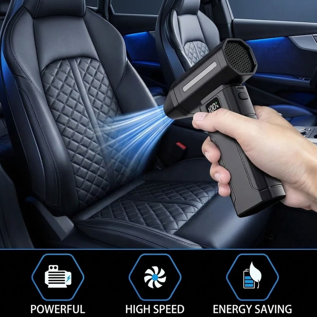 A handheld black car seat cleaner spray device is shown being used on a quilted black car seat, with a hand holding the nozzle and blue spray mist directed onto the seat. Three feature icons at the bottom read POWERFUL, HIGH SPEED, and ENERGY SAVING.