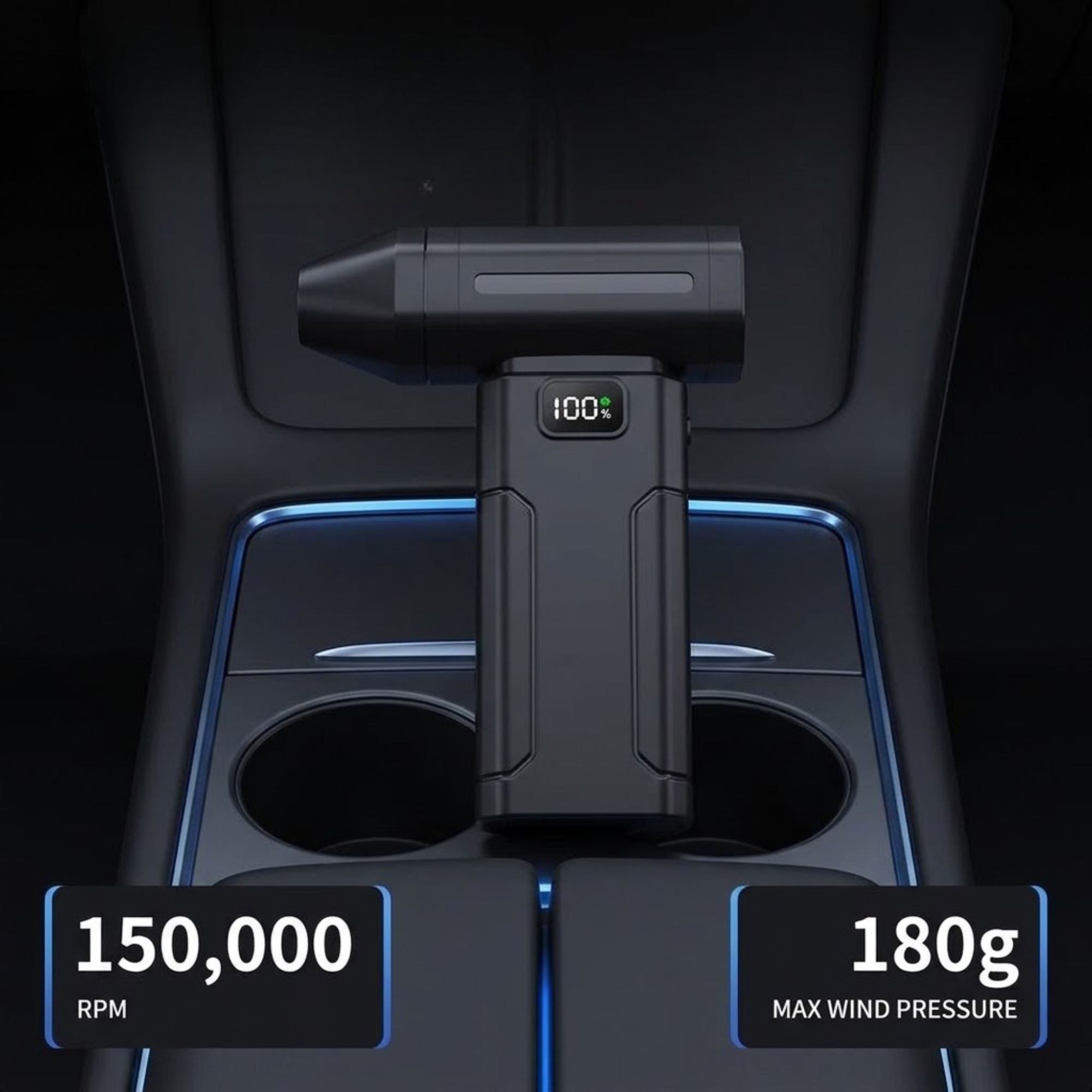 A black handheld car air pump with a digital display showing 100% battery, placed in a car center console between cup holders. Two graphic overlays at the bottom show '150,000 RPM' and '180g MAX WIND PRESSURE'.