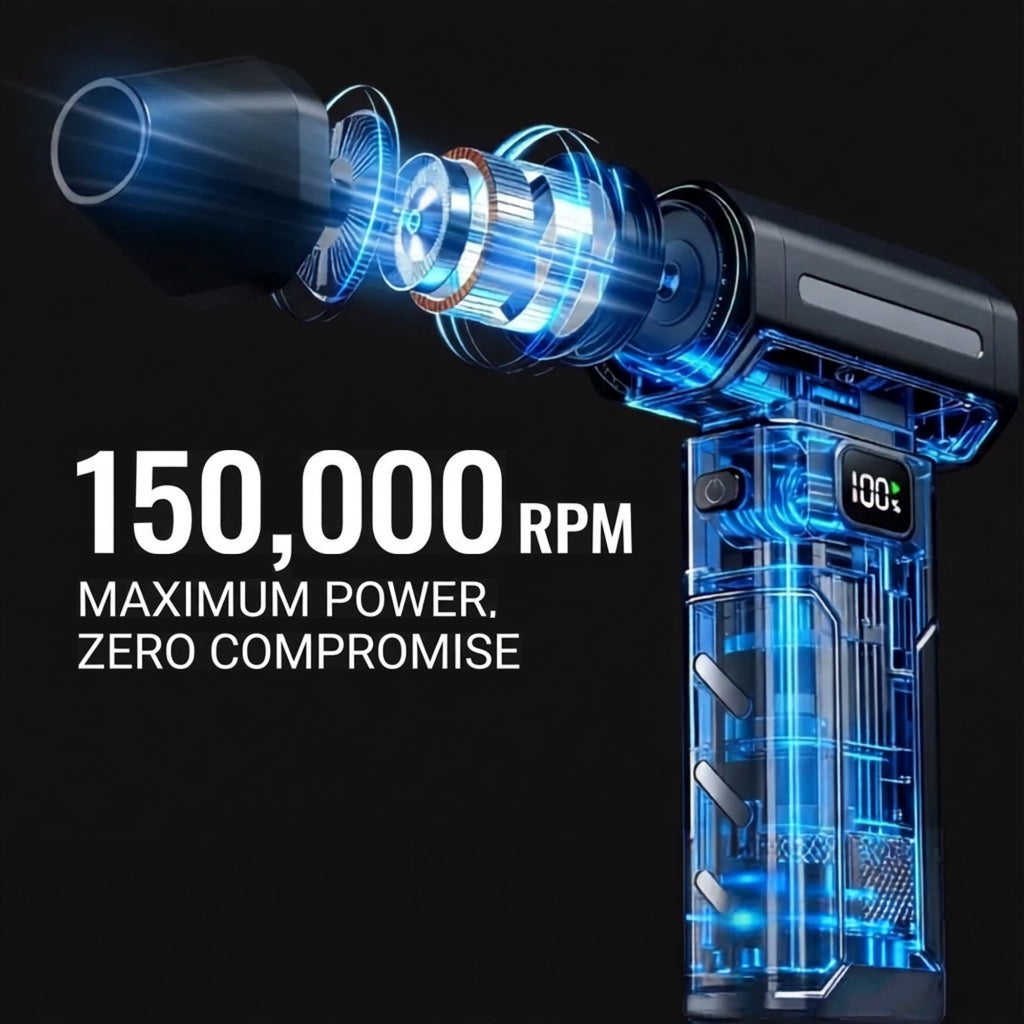 A high-performance electric rotary hammer drill with a transparent blue casing, showcasing internal gears and a digital display showing 100%. Large text on the left reads '150,000 RPM MAXIMUM POWER.